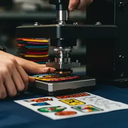 Close-up of hand operating heat press machine pressing custom patch onto surface with patch design sheets below