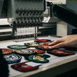 Close-up of hand touching embroidered patches with industrial embroidery machine needles visible in background