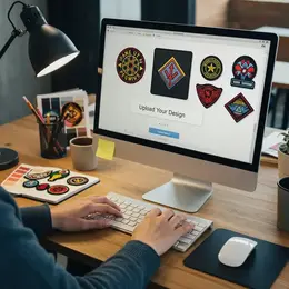 Person typing on keyboard in front of iMac showing patch design interface with upload field and physical patches on desk